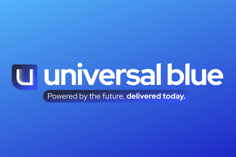 Universal Blue logo and slogan "Powered by the future, delivered today"